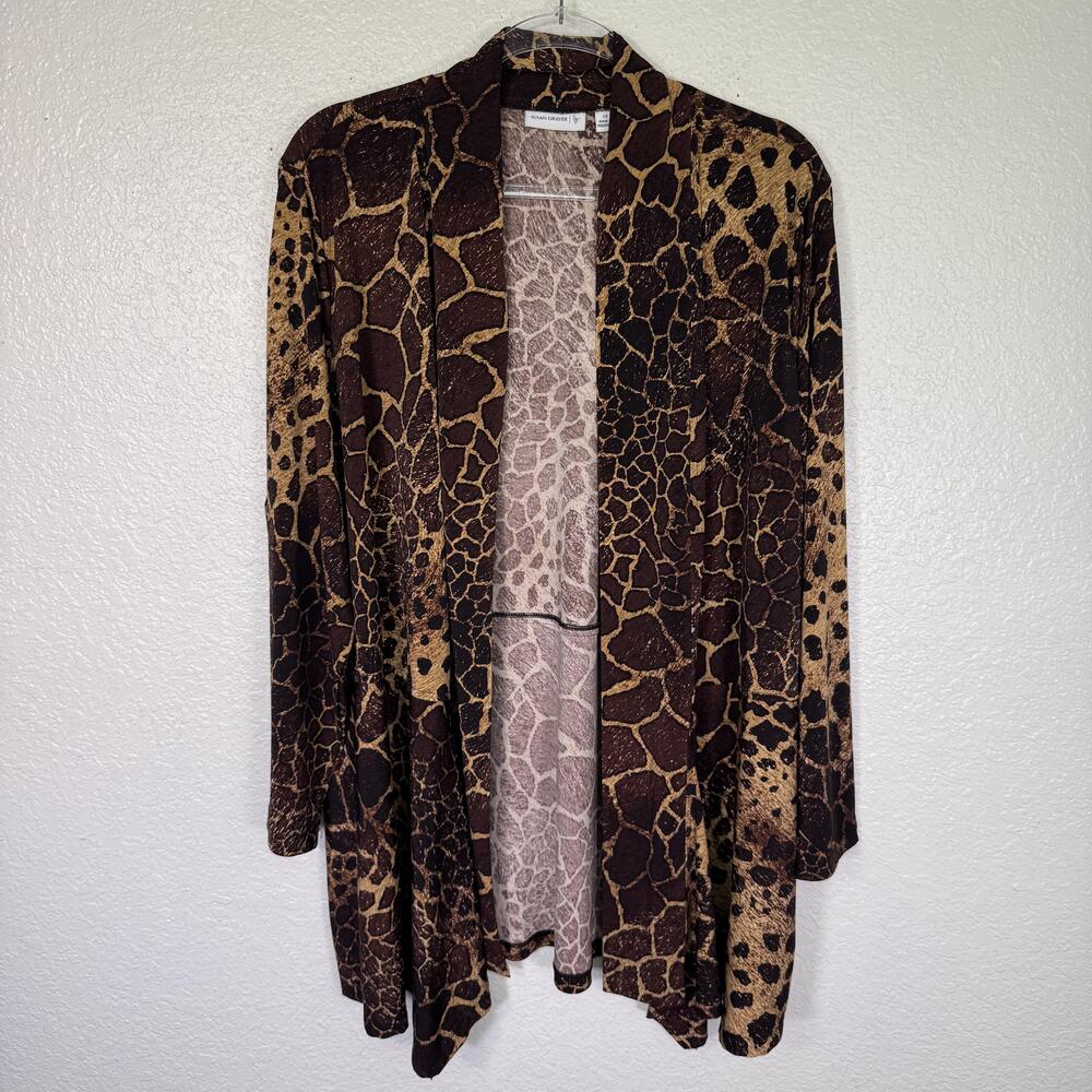 Susan Graver Cardigan Womens 2X Brown Animal Print Open Lightweight Stretch Boho